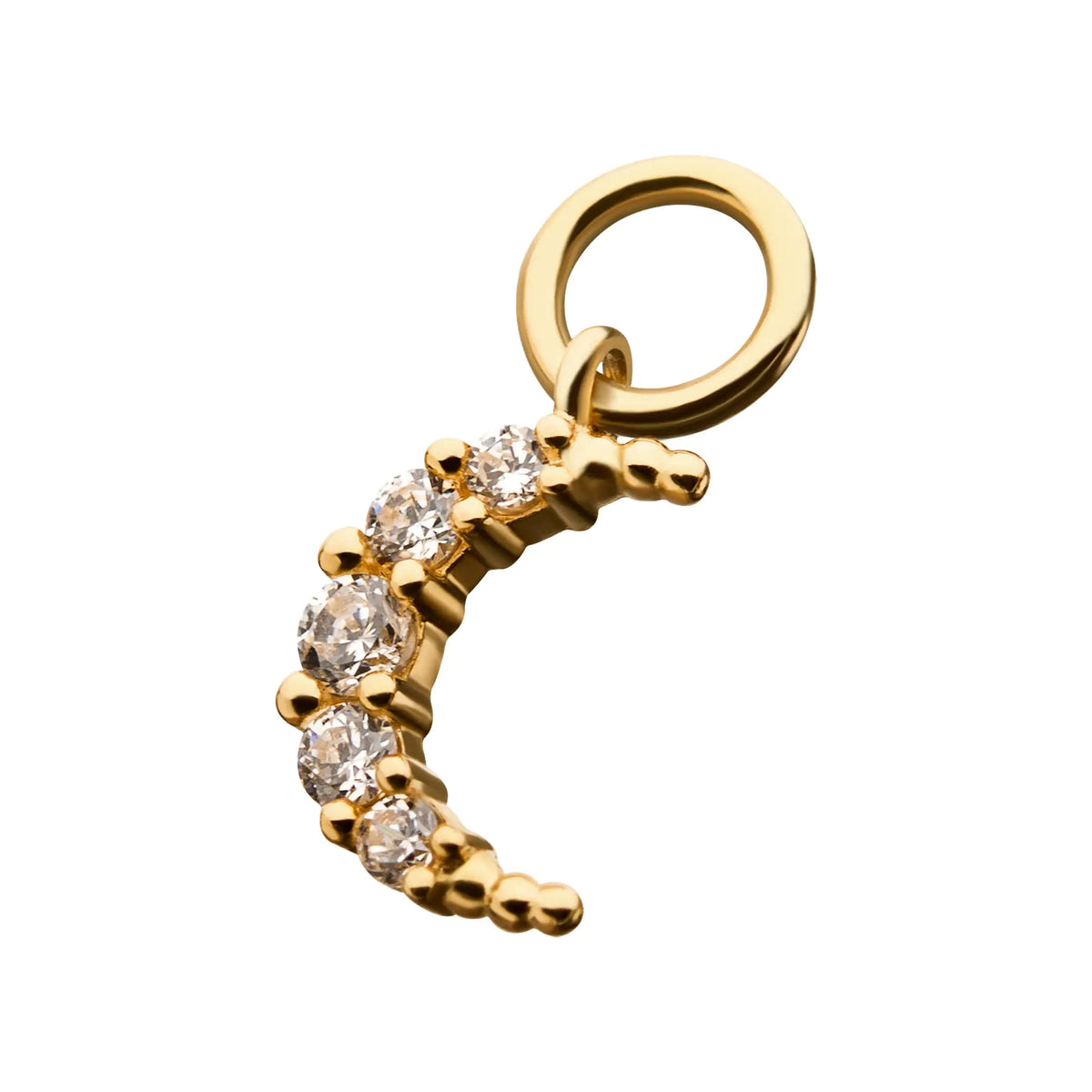 14Kt Yellow Gold Crescent Moon with Prong Set 5 Clear CZ Dangle Charm