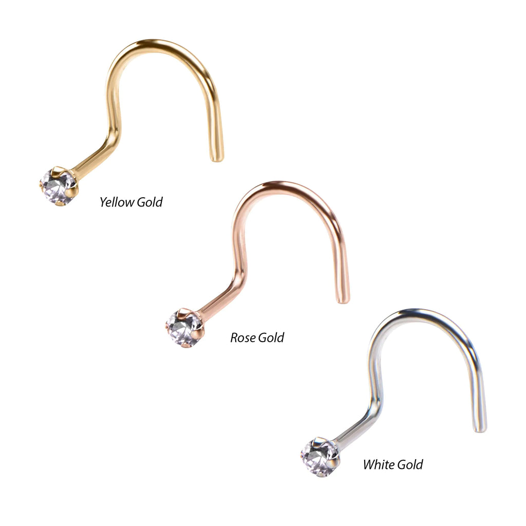 14kt Gold Nose Screw with a 2mm Prong Set Clear CZ Gem Top
