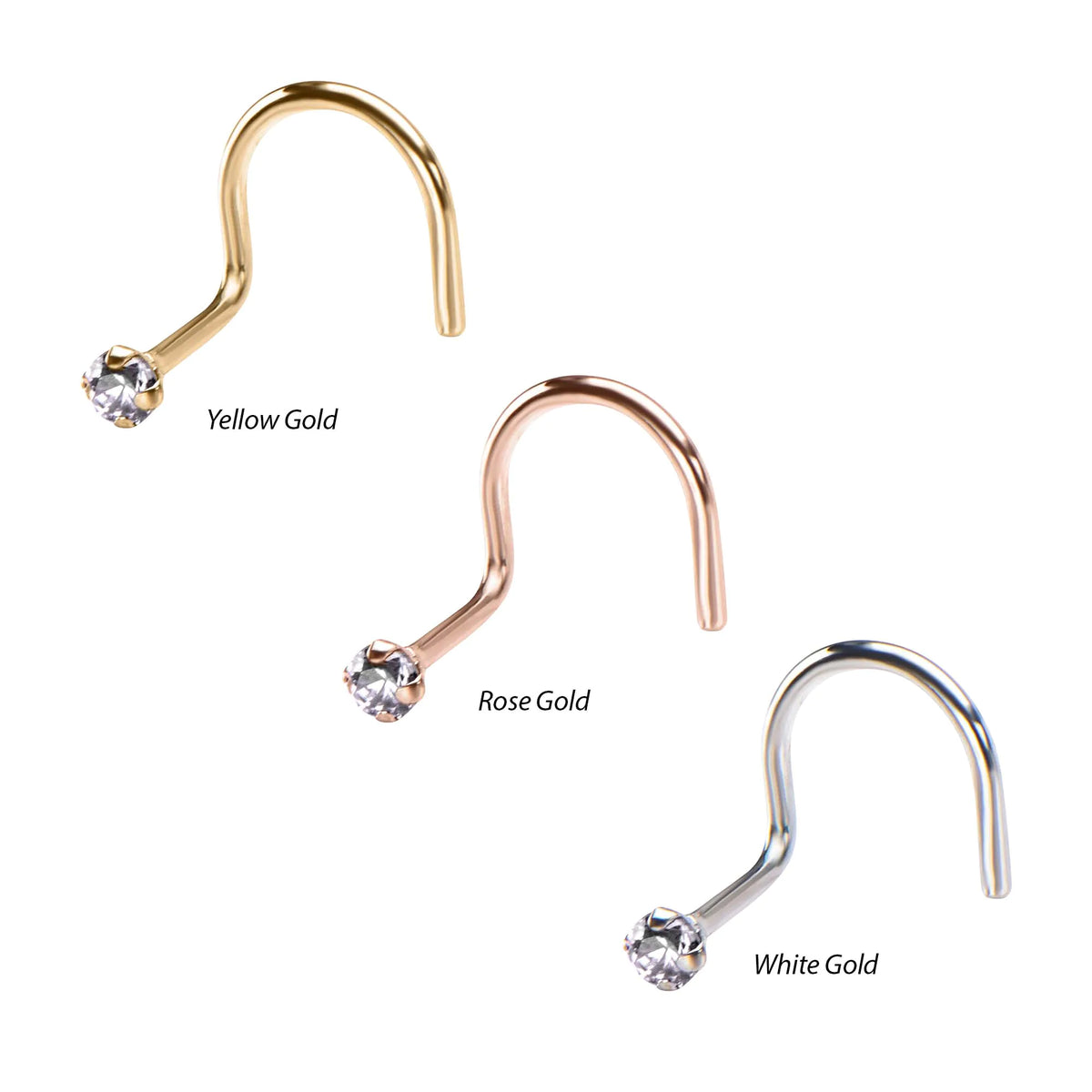 14kt Gold Nose Screw with a 2mm Prong Set Clear CZ Gem Top