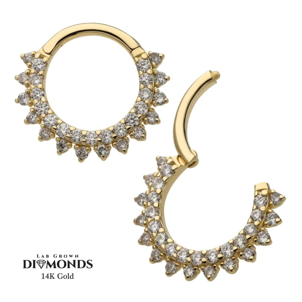 14Kt Yellow Gold Front Facing Hinged Segment Clicker with Double Row Prong Set Round Lab-Grown Diamonds