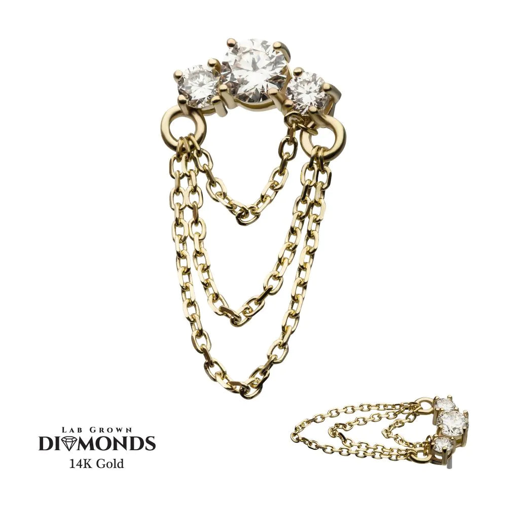 14Kt Yellow Gold Threadless Prong Set 3 Cluster Round Lab-Grown Diamonds Top with Triple Dangle Chain