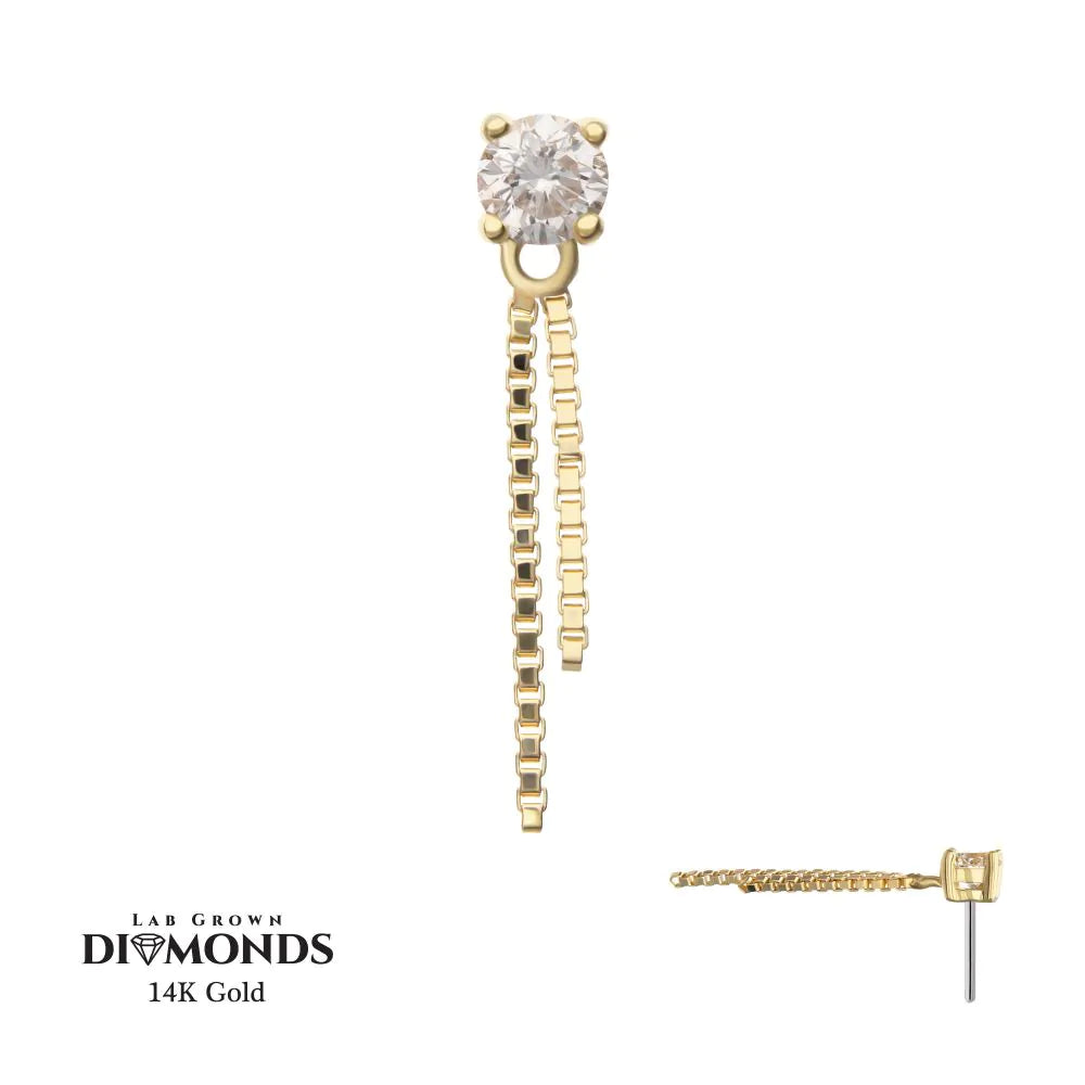 14Kt Yellow Gold Threadless Prong Set Lab-Grown Diamond Top with 2 Box Chain Dangle
