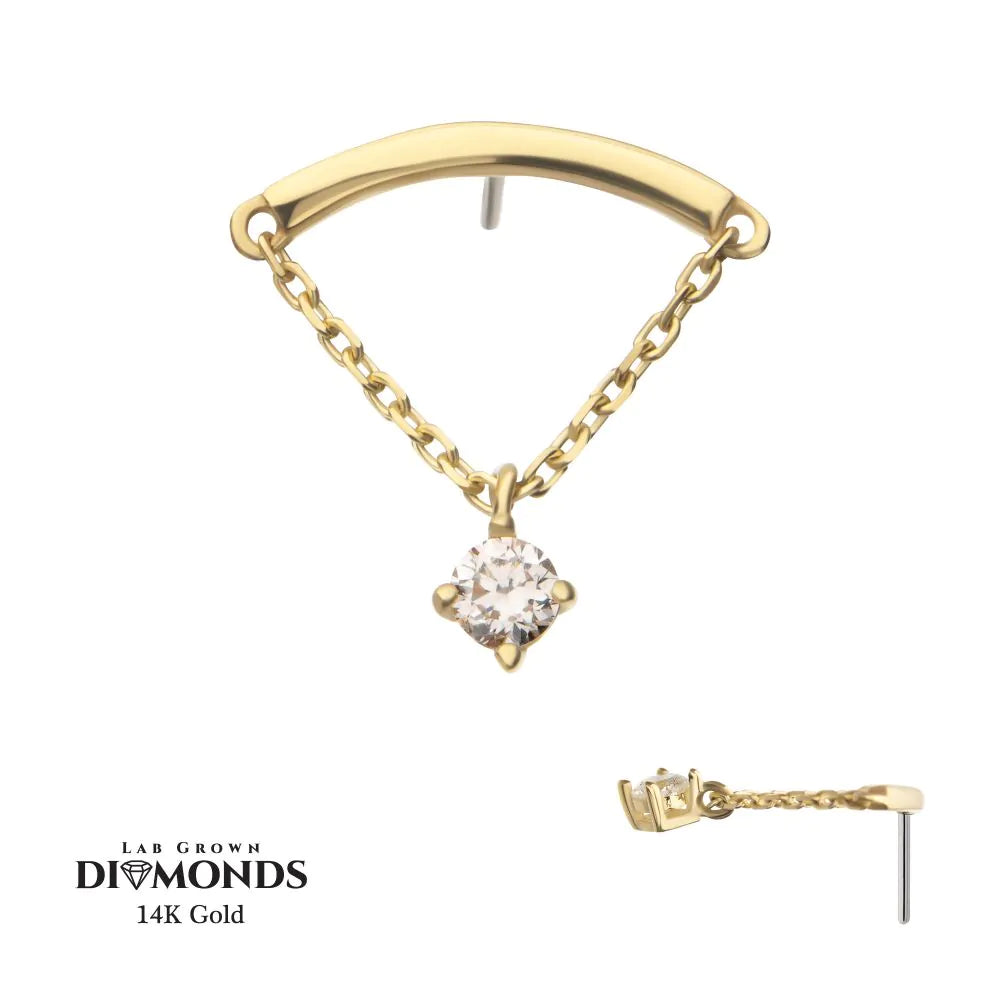 14Kt Yellow Gold Threadless Curved Bar Top with 4-Prong Lab-Grown Diamond Dangle