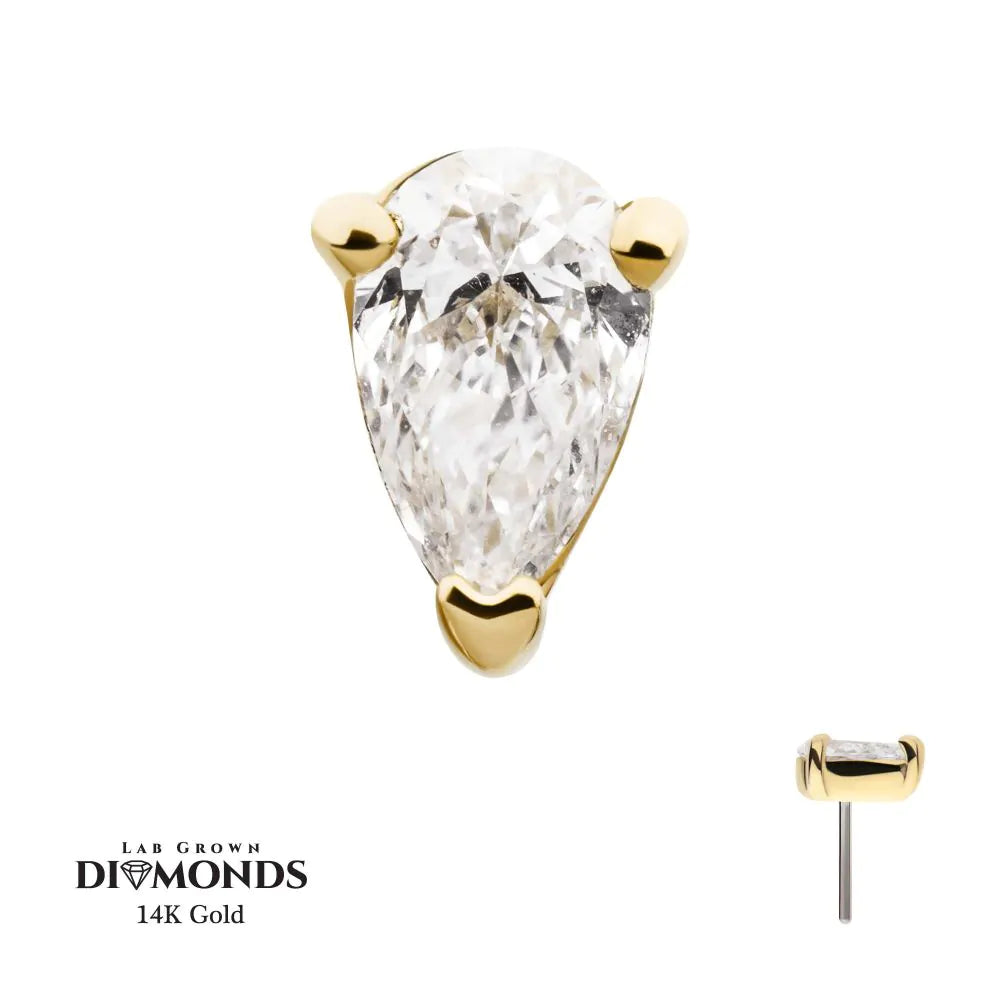 14Kt Yellow Gold 3 Prong Setting Pear Clear Lab-Grown Diamond Threadless Top