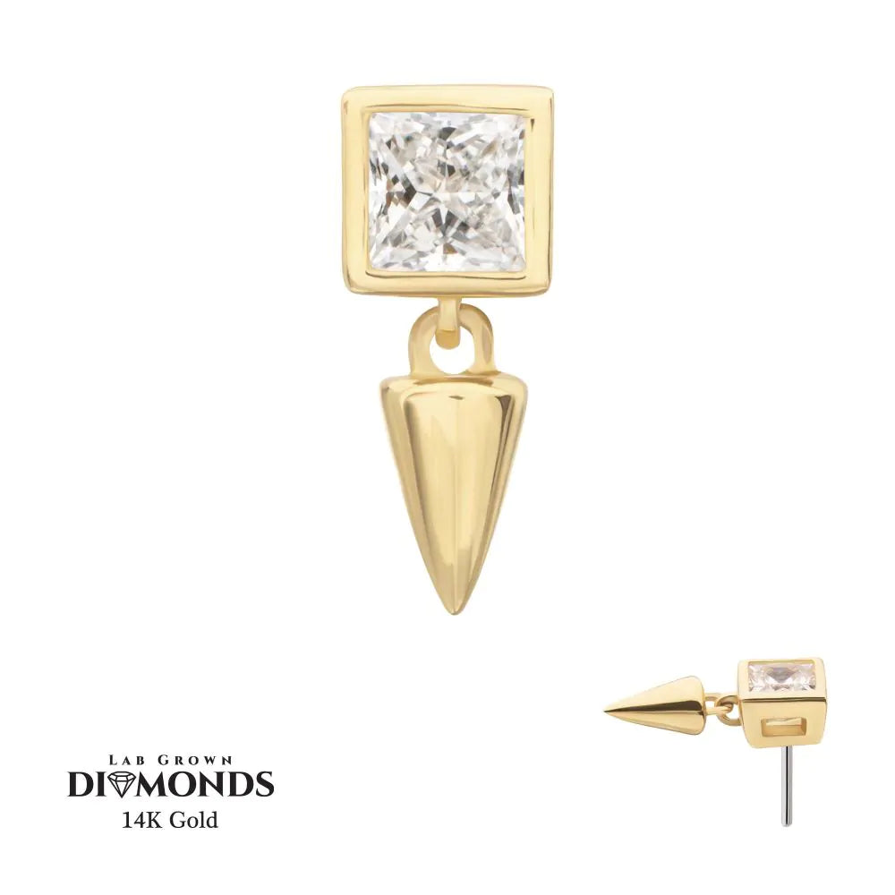 14Kt Gold Threadless Bezel Princess Cut Lab-Grown Diamond Top with Spike Dangle
