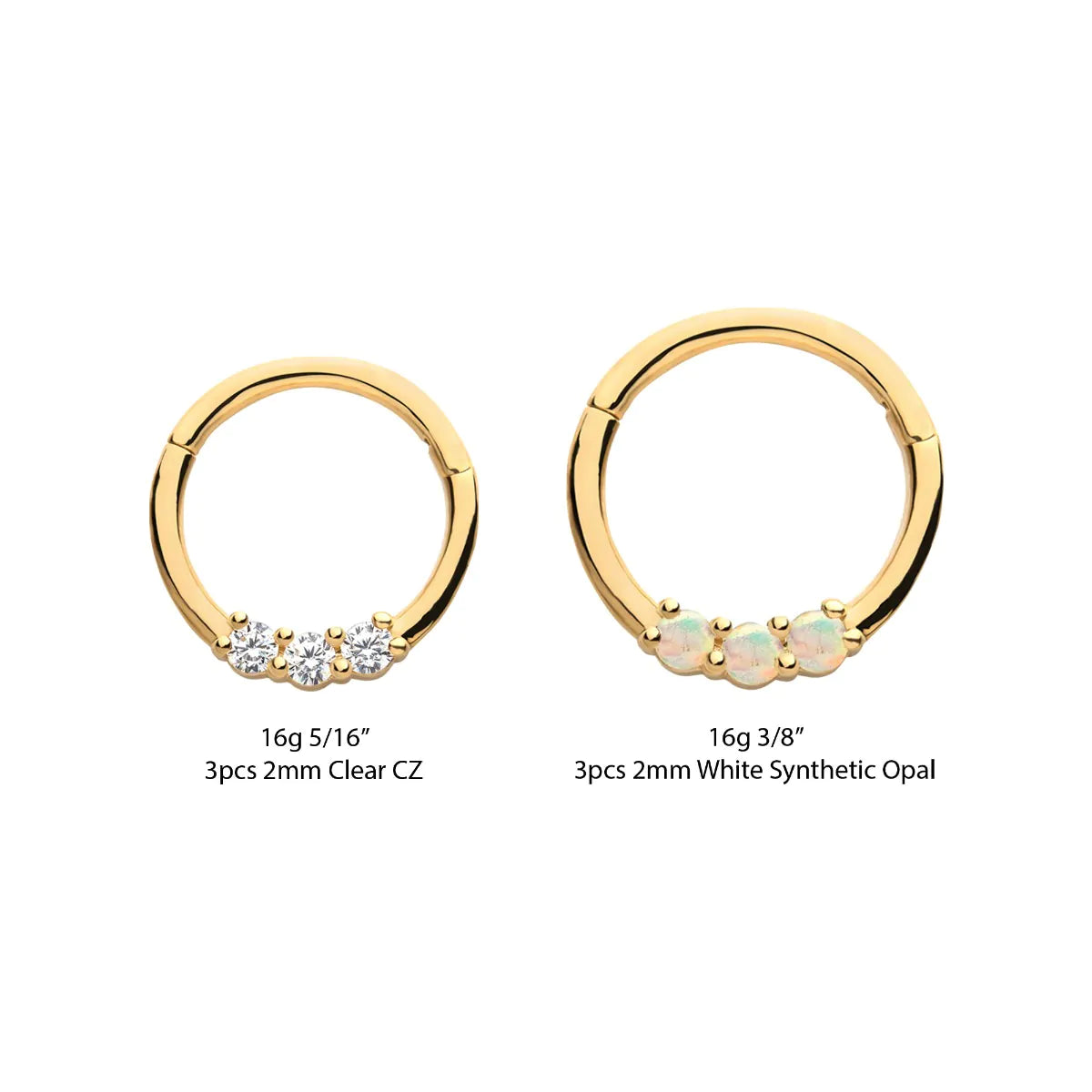 14Kt Yellow Gold with Prong Set Clear CZ/White Synthetic Opal 3-Cluster Front Facing Hinged Segment Clicker