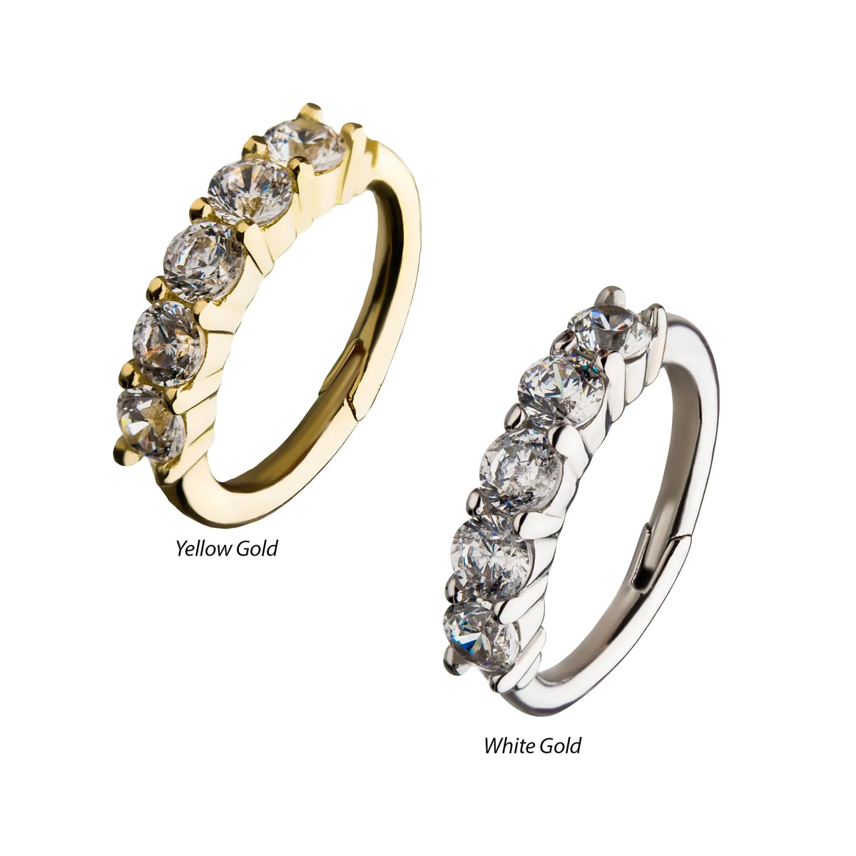 14Kt Gold Prong Set 5-Clear CZ Gem on Top Hinged Segment Clicker