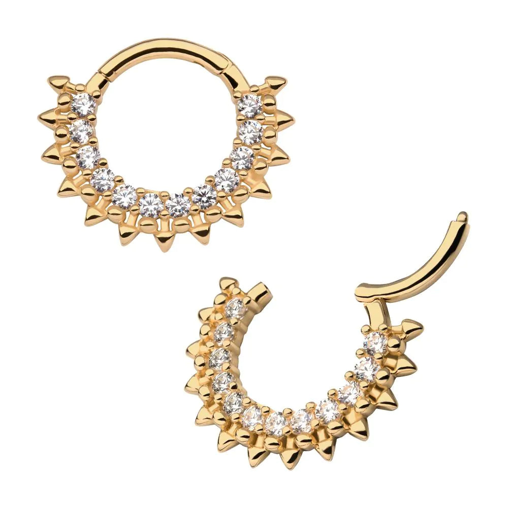 14Kt Yellow Gold with 12-Cluster Prong Set Clear CZ Spiked Edge Front Facing Hinged Segment Clicker