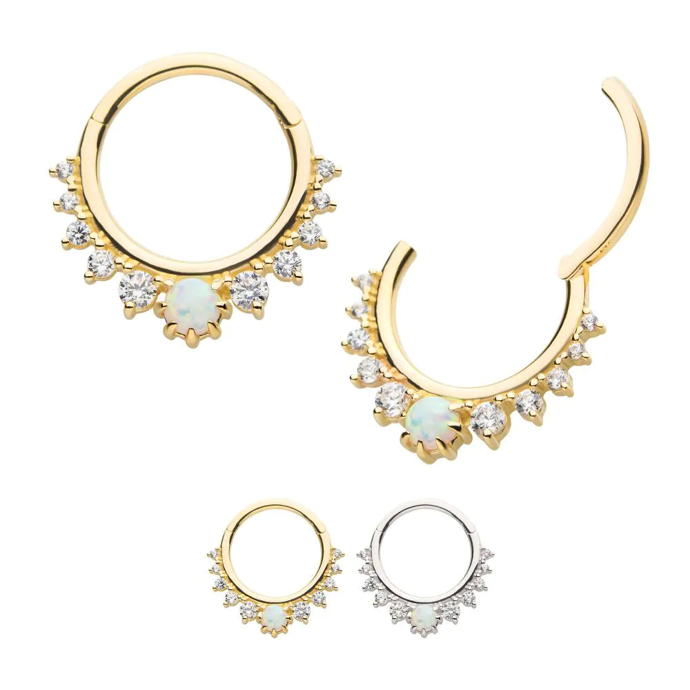 14Kt Gold Prong Set Gem Cluster with 3mm White Opal Front Facing Hinged Segment Clicker
