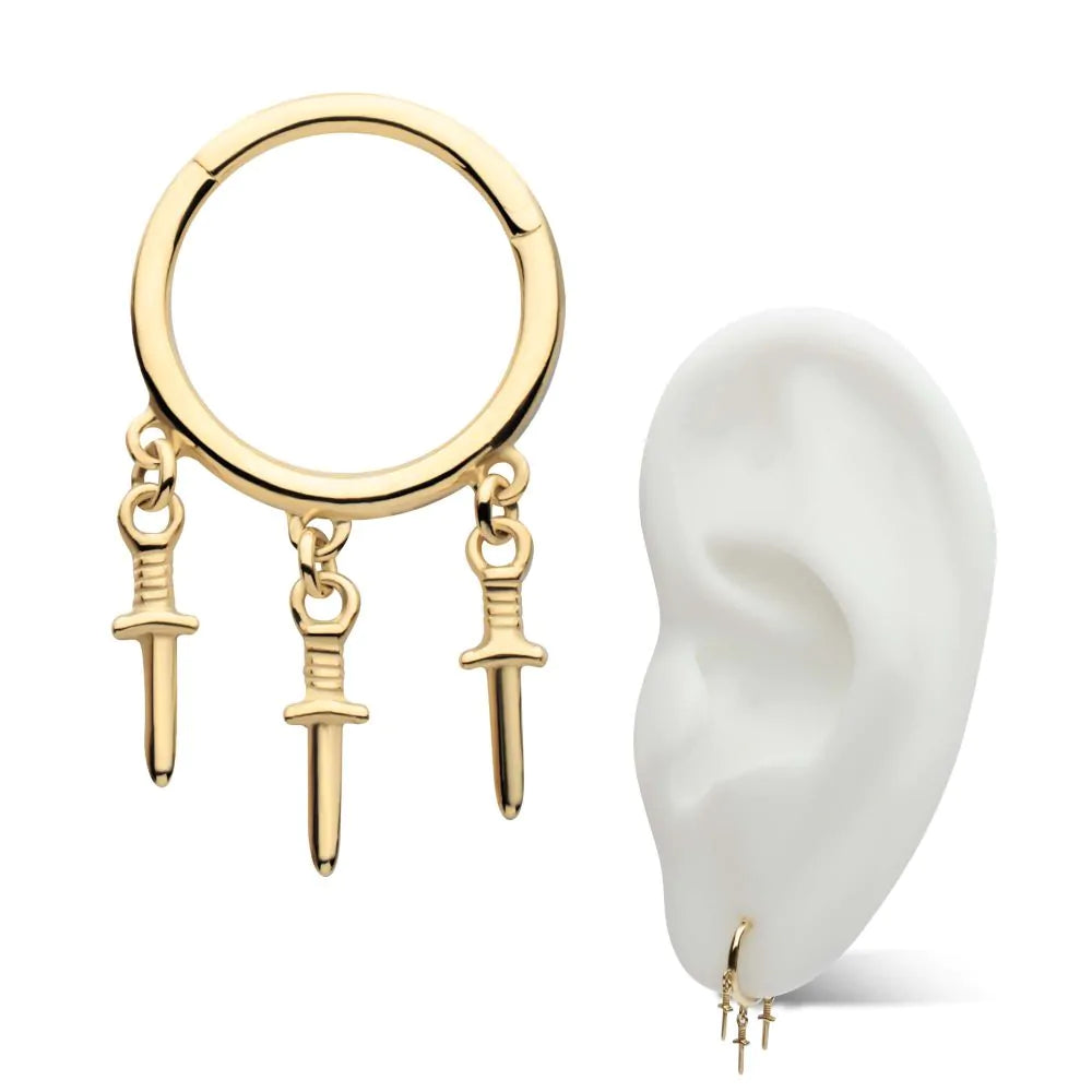 14Kt Yellow Gold Triple Dagger Dangle Charm Hinged Segment Clicker