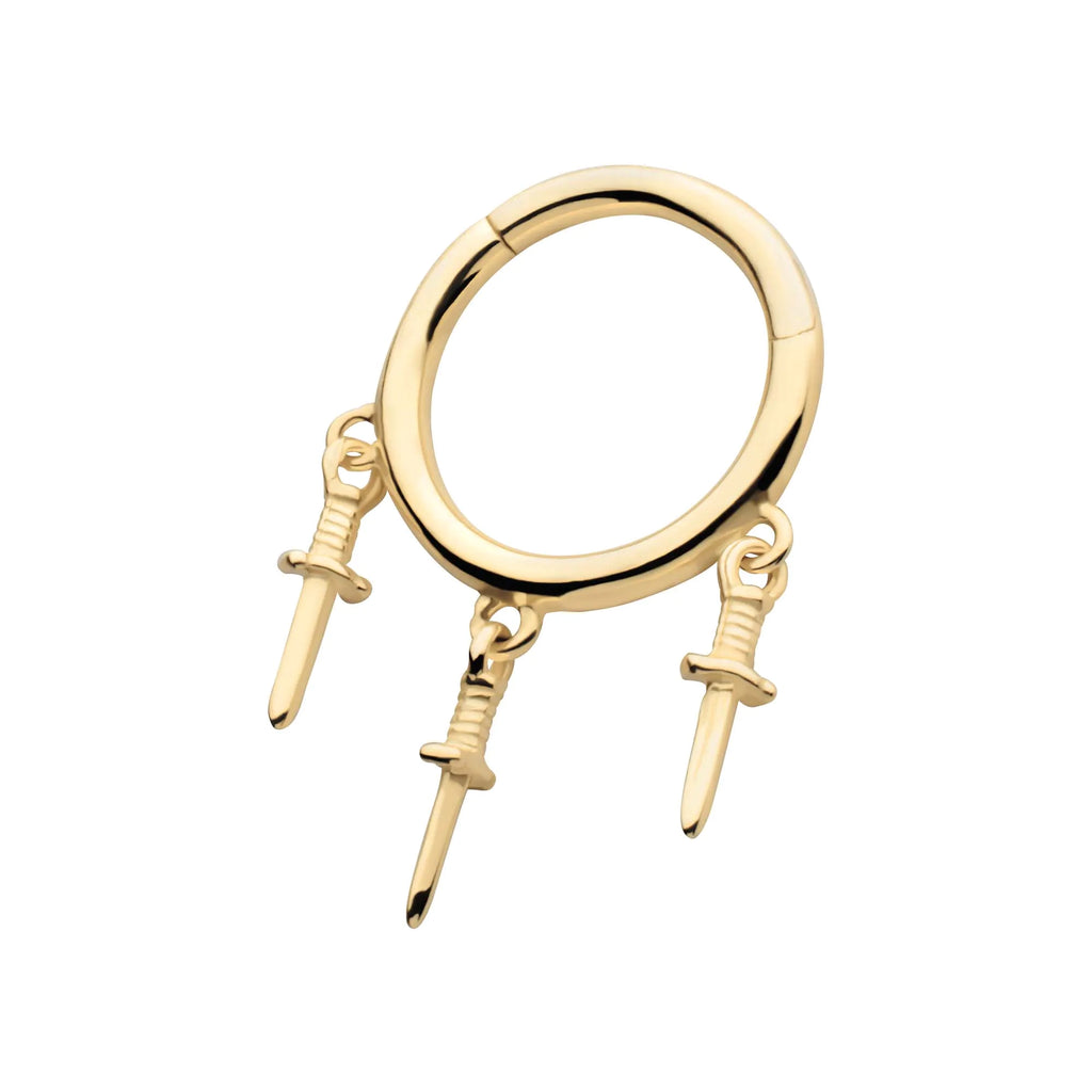 14Kt Yellow Gold Triple Dagger Dangle Charm Hinged Segment Clicker