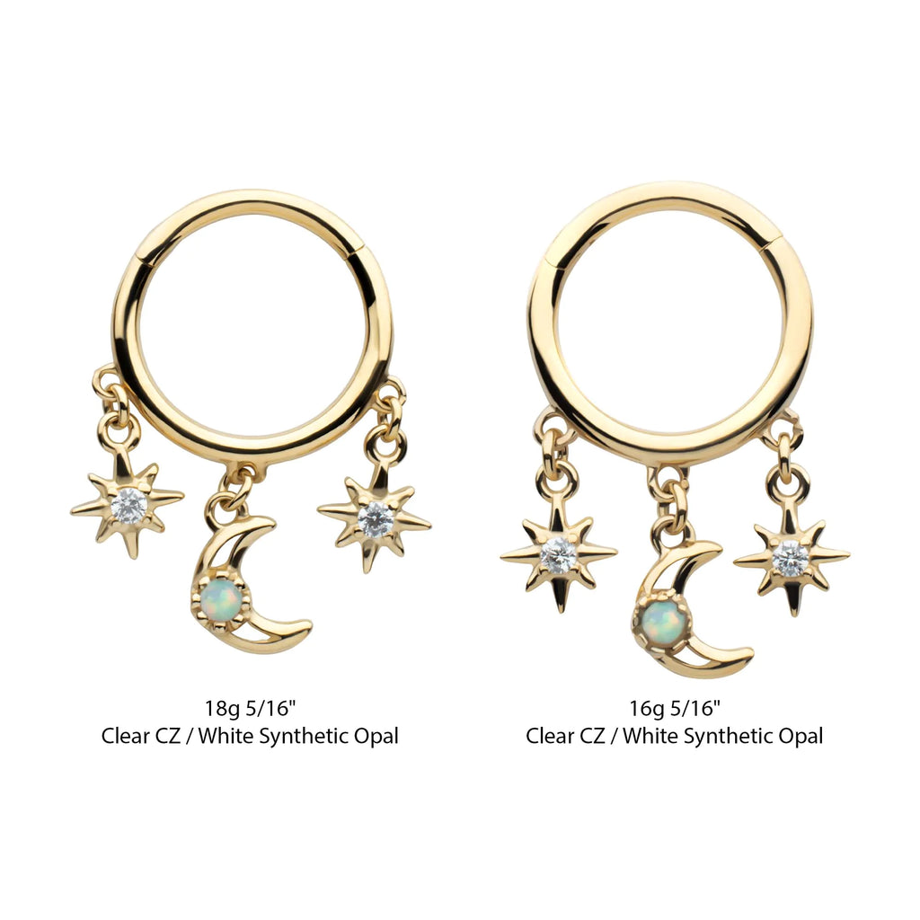 14Kt Yellow Gold Triple Dangle Charm Clear CZ Stars & Opal Crescent Moon Hinged Segment Clicker