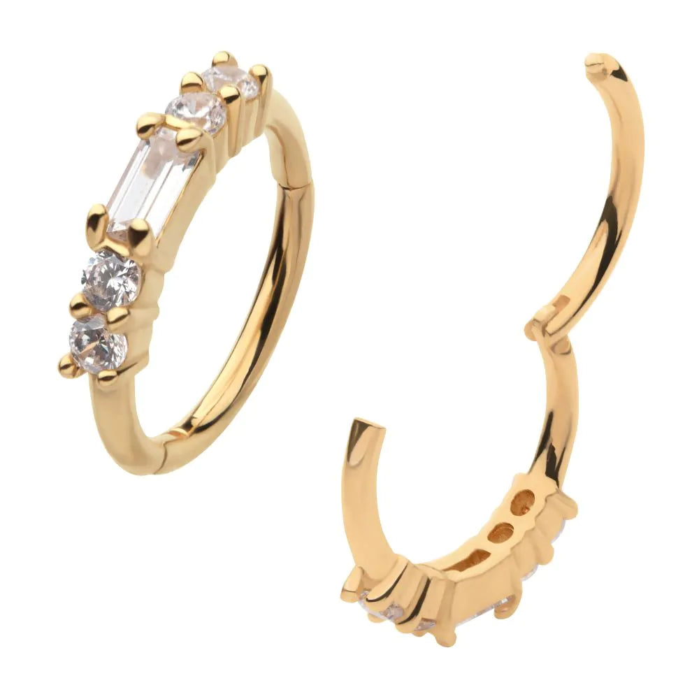 14Kt Yellow Gold with 5-Cluster Prong Set Baguette & Round Clear CZ Side Facing Hinged Segment Clicker