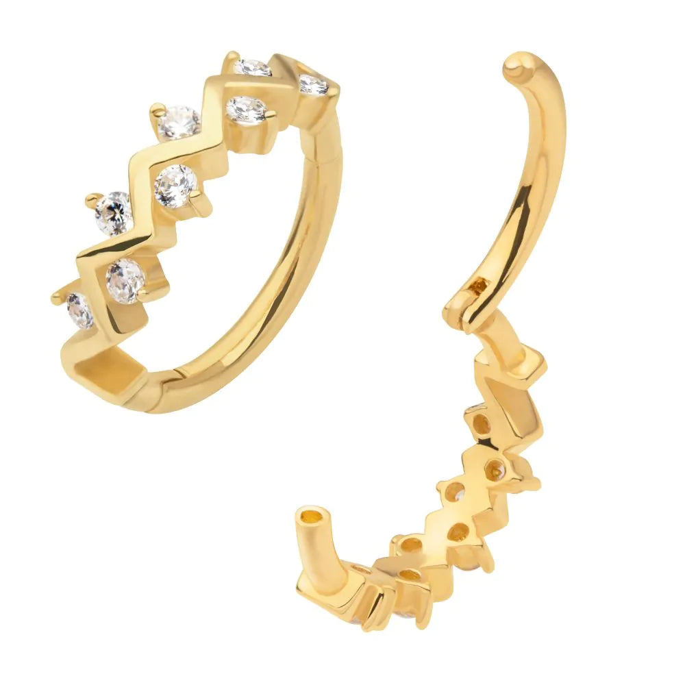 14Kt Yellow Gold with 8-Cluster Alternating Prong Set Clear CZ Side Facing Hinged Segment Clicker