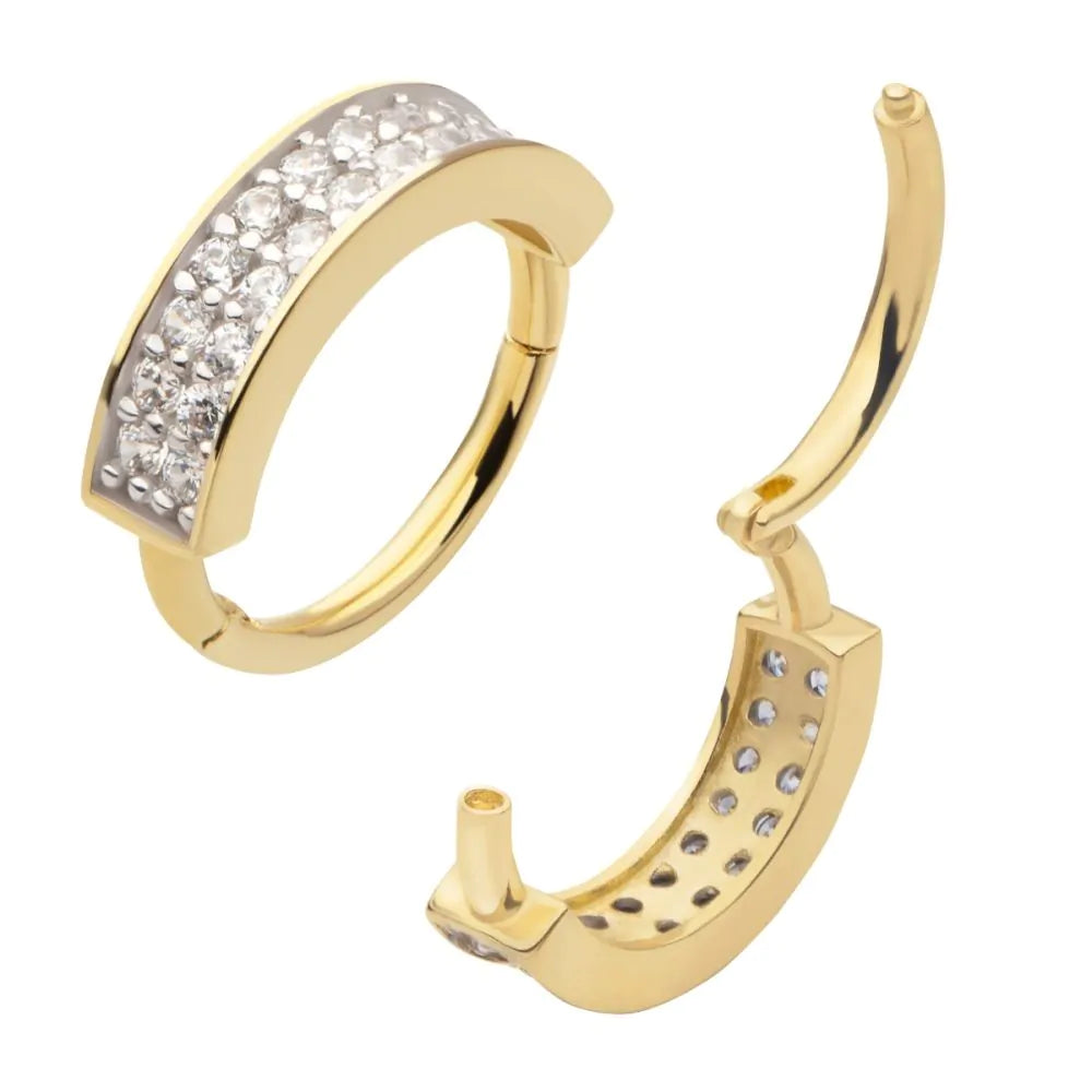 14Kt Yellow Gold with Double Row Clustered Prong Set Clear CZ Side Facing Hinged Segment Clicker