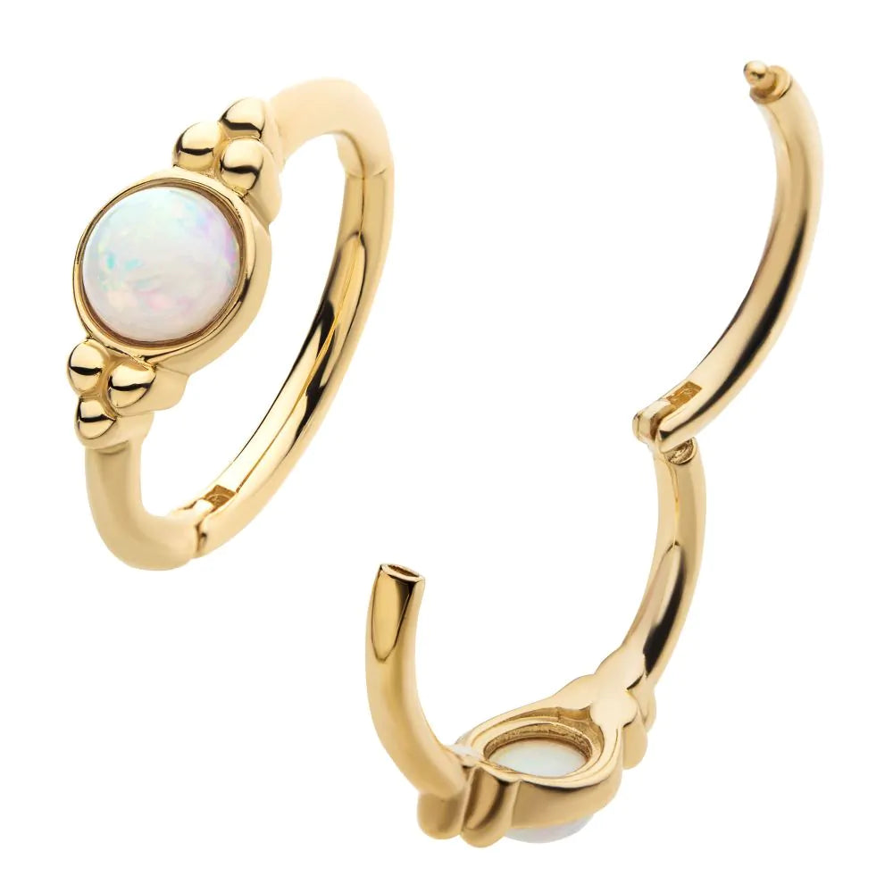 14Kt Gold Beads & Centerpiece Bezel Set White Opal Side Facing Hinged Segment Clicker