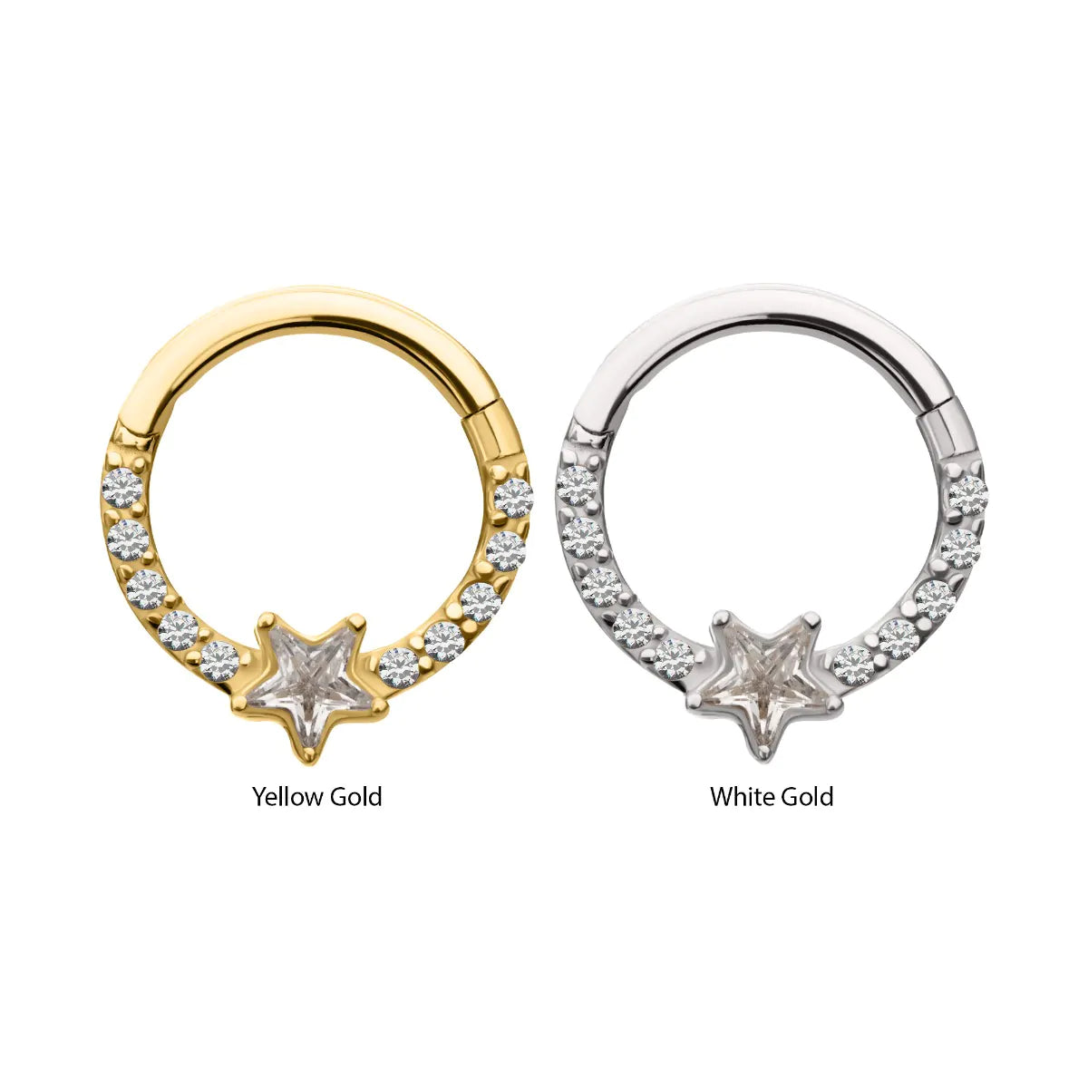 14Kt Gold 1mm CNC Set Gem Cluster with 3mm Star Gem Front Facing Hinged Segment Clicker