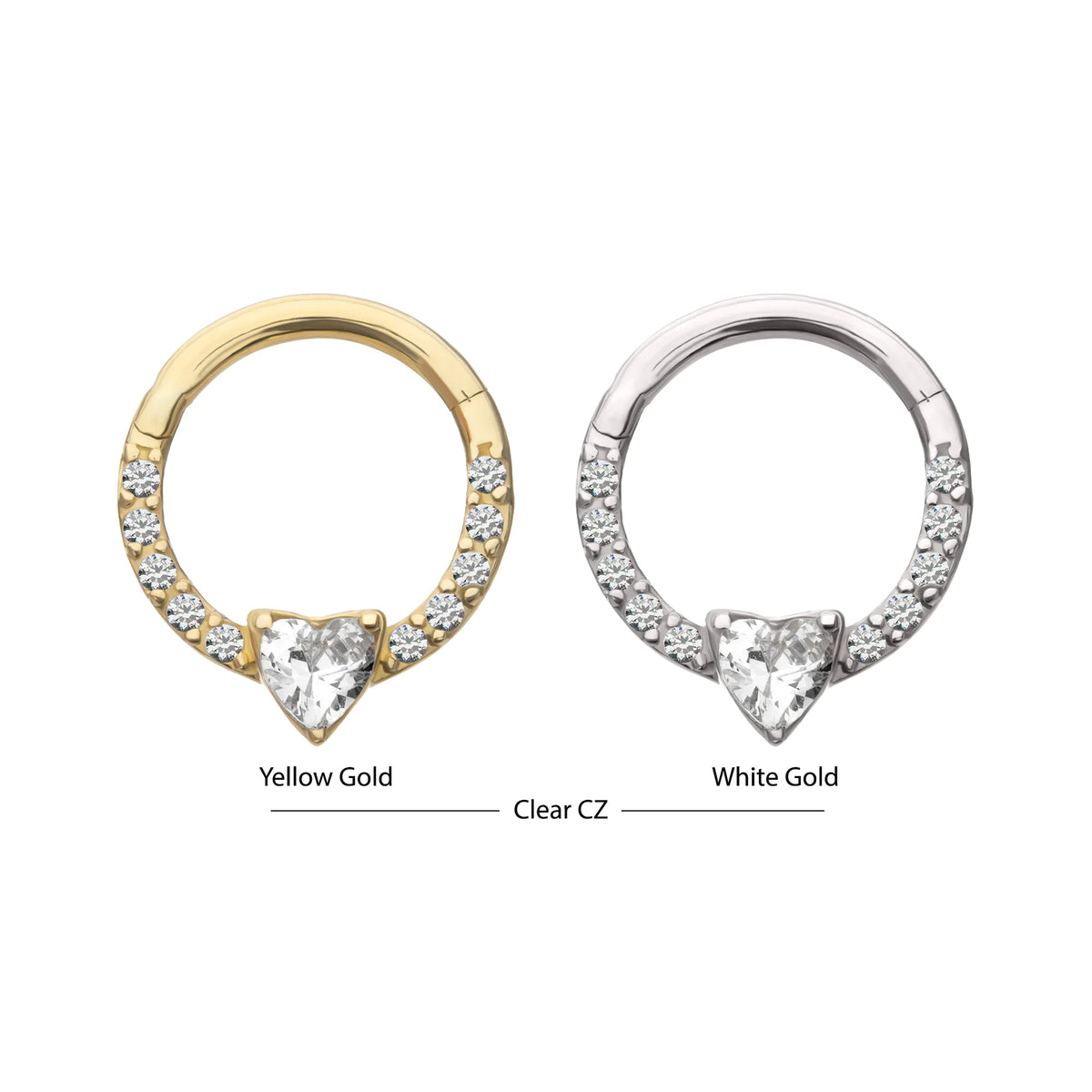 14Kt Gold 3mm Prong Set Heart with 1mm CNC Set Round Gem Front Facing Hinged Segment Clicker