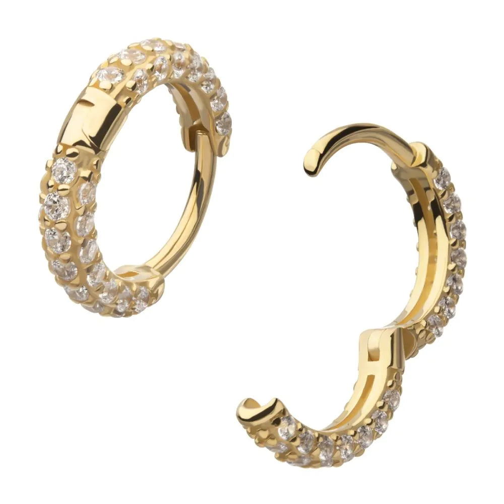 14Kt Yellow Gold 3 Row Pave Set Gem Hinged Hoop Huggie Earrings