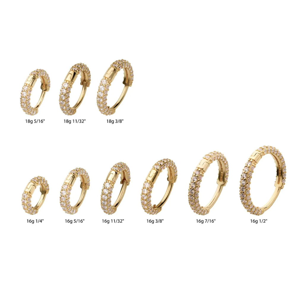 14Kt Yellow Gold 3 Row Pave Set Gem Hinged Hoop Huggie Earrings