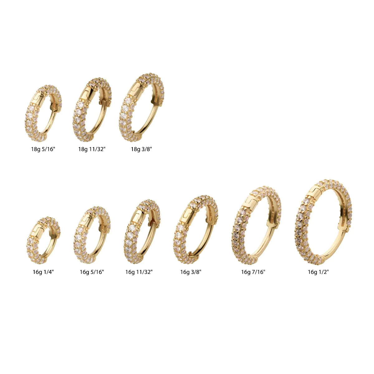 14Kt Yellow Gold 3 Row Pave Set Gem Hinged Hoop Huggie Earrings