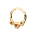 14kt Yellow Gold Prong Set Triple Rose with Prong Set Round Garnet Gem Front Facing Hinged Segment Clicker