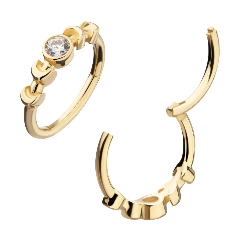 14Kt Yellow Gold Bezel Set 2mm Round Gem Moon Phase Side Facing Hinged Segment Clicker