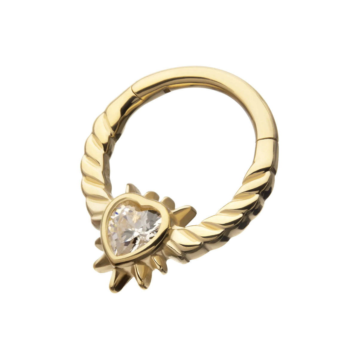 14kt Yellow Gold Spike Edge Bezel Heart Gem Wired Hoop Front Facing Hinged Segment Clicker