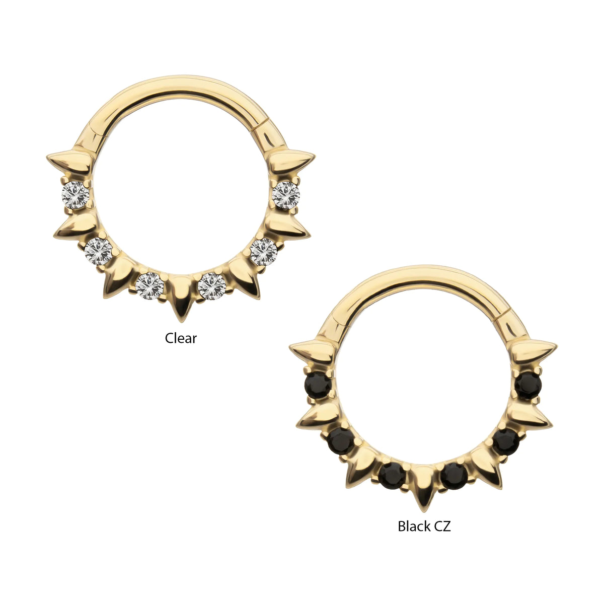 14Kt Yellow Gold Alternating Spike & Prong Set Round Gem Front Facing Hinged Segment Clicker