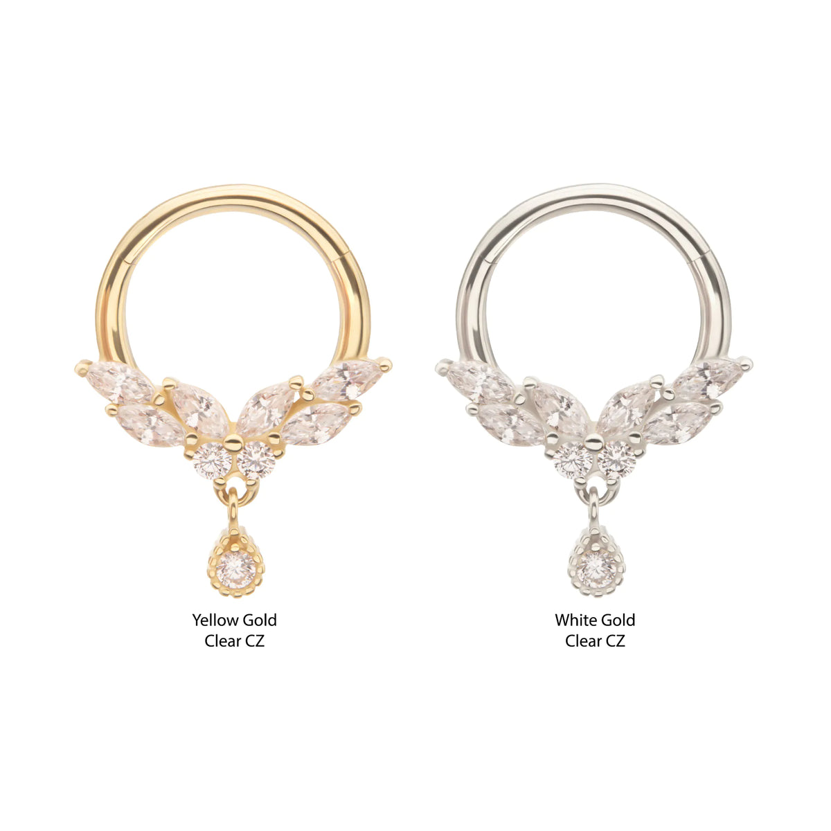 14Kt Gold Marquise Cluster Butterfly with Gem Dangle Front Facing Hinged Segment Clicker
