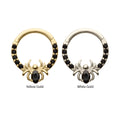 14Kt Gold Gem Hoop with Prong Set Black Gem Spider Front Facing Hinged Segment Clicker