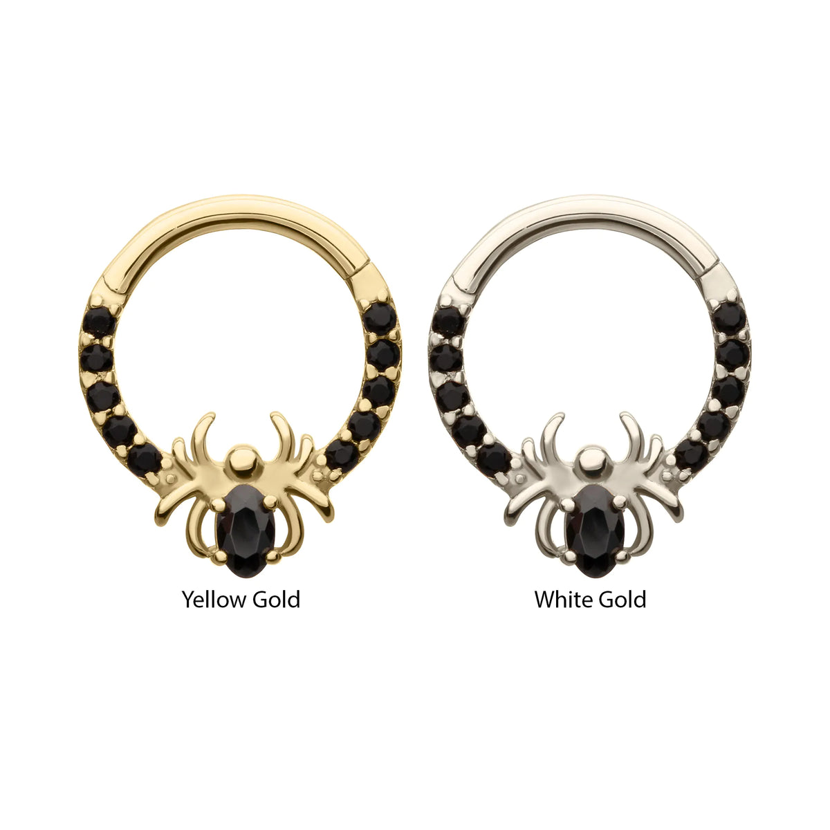 14Kt Gold Gem Hoop with Prong Set Black Gem Spider Front Facing Hinged Segment Clicker