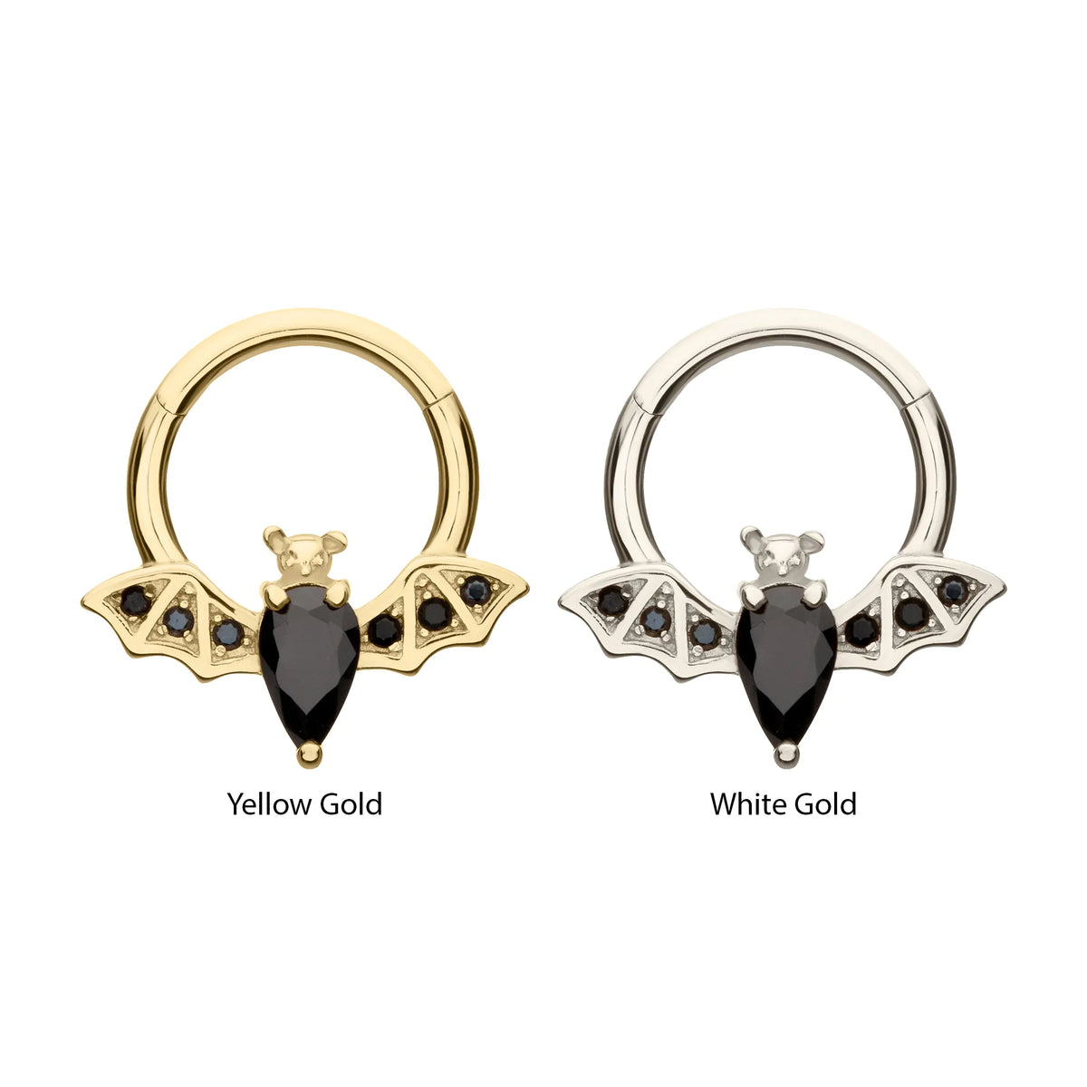 14Kt Gold Flying Bat with Prong Set Black Gem Front Facing Hinged Segment Clicker