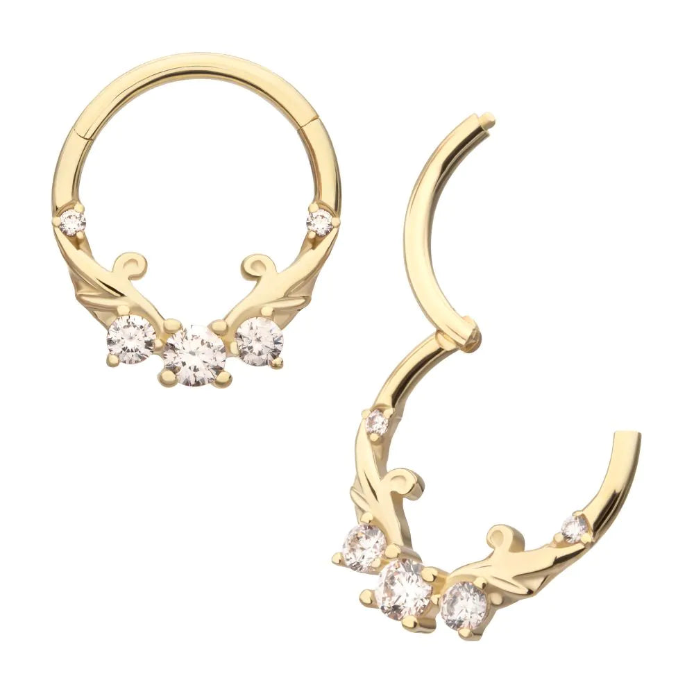 14Kt Yellow Gold Double Swirled Vine with Prong Set Front Facing Hinged Segment Clicker
