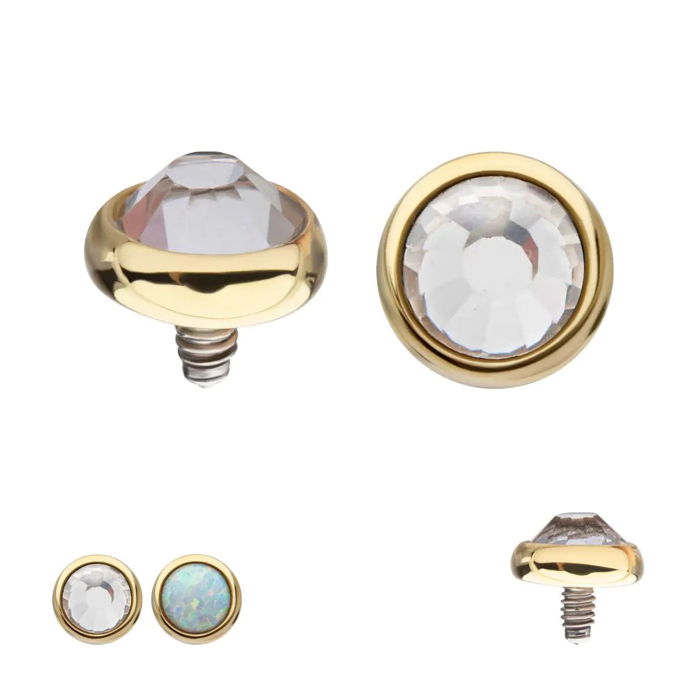 14Kt Yellow Gold Internally Threaded Bezel Set Flat Bottom Clear Crystal/Low Profile Opal Top Dermal