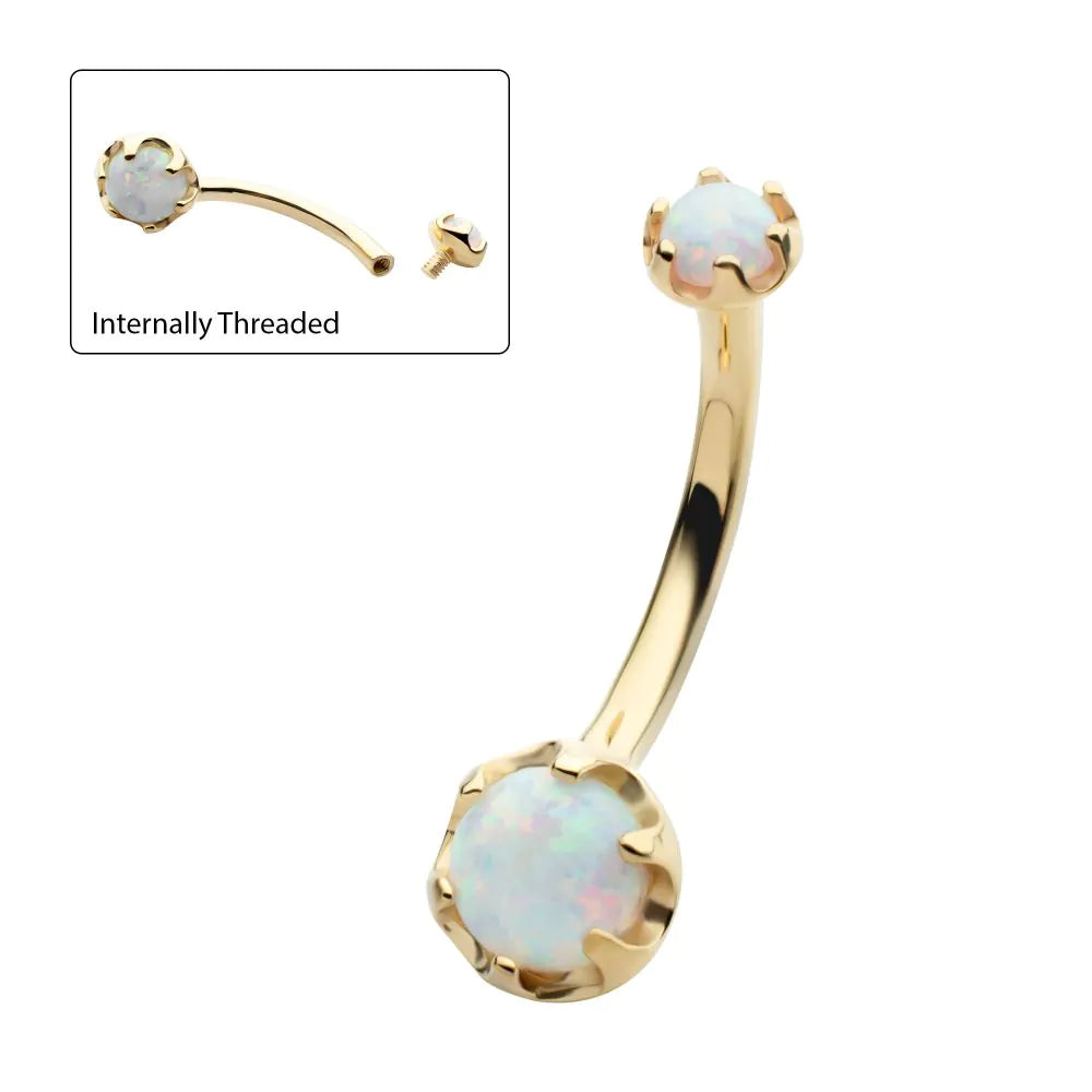 14Kt Yellow Gold Internally Threaded Double Round 6-Prong White Opal Non-Dangle Navel