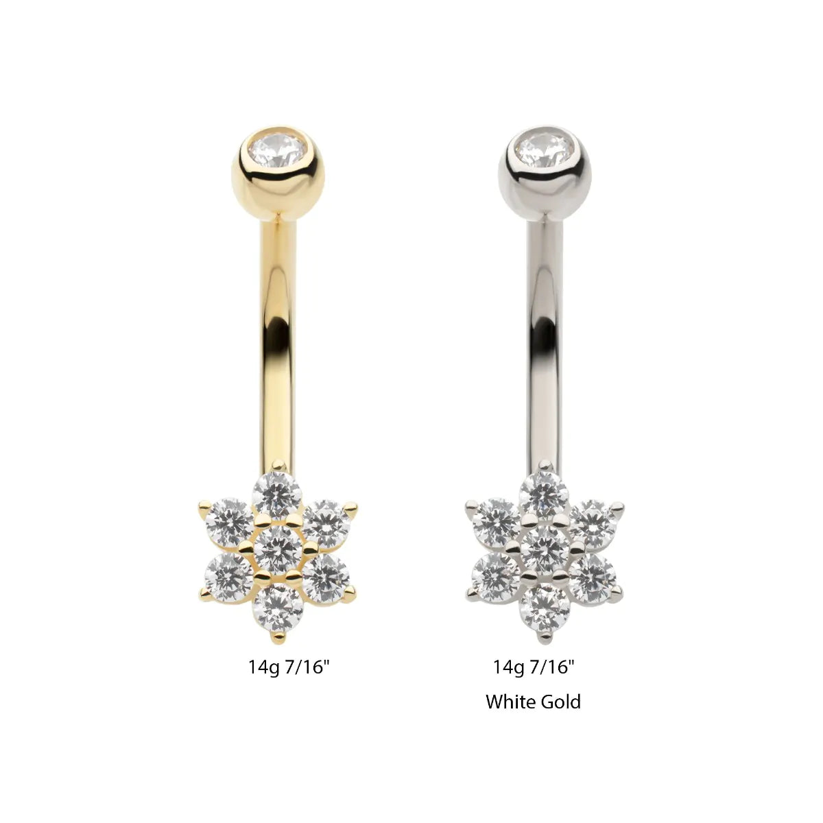 14Kt Gold Internally Threaded Round Clear CZ Flower Shape Non-Dangle Navel