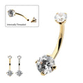14Kt Gold Internally Threaded Double Round 4-Prong Clear CZ Non-Dangle Navel