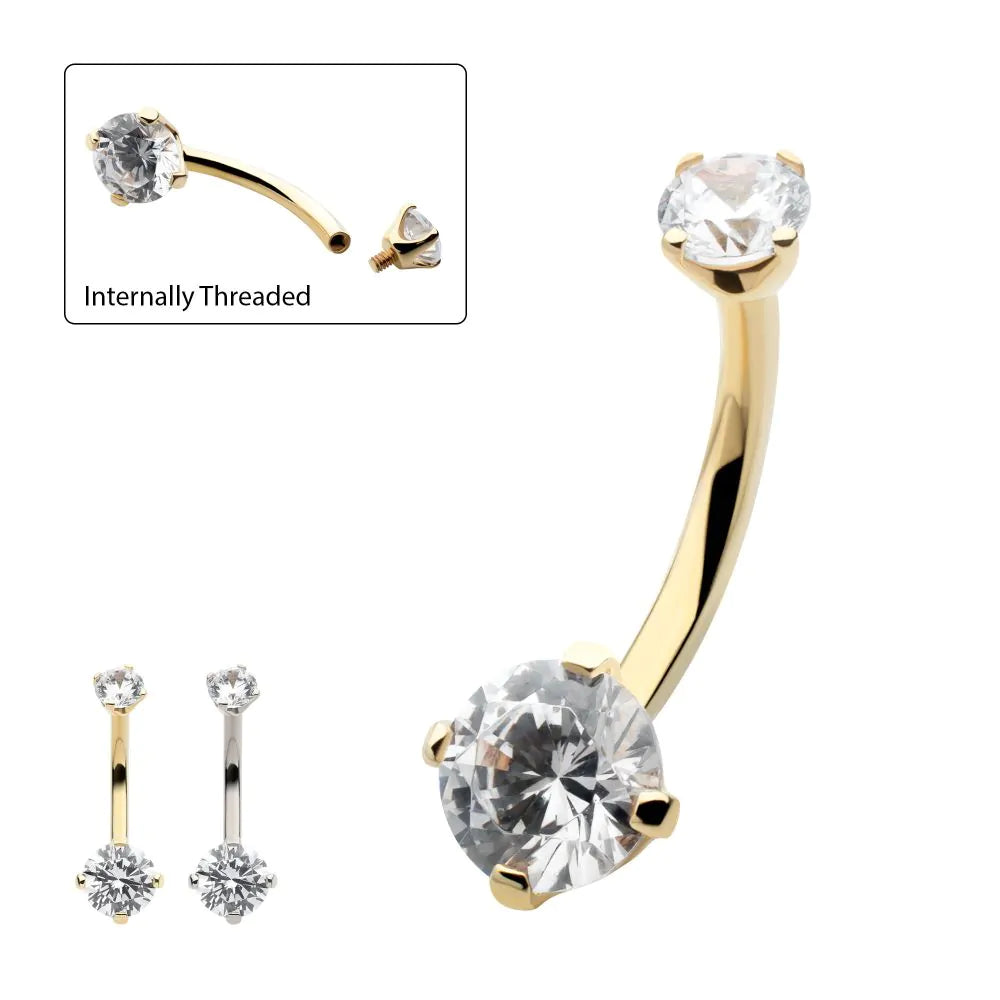 14Kt Gold Internally Threaded Double Round 4-Prong Clear CZ Non-Dangle Navel