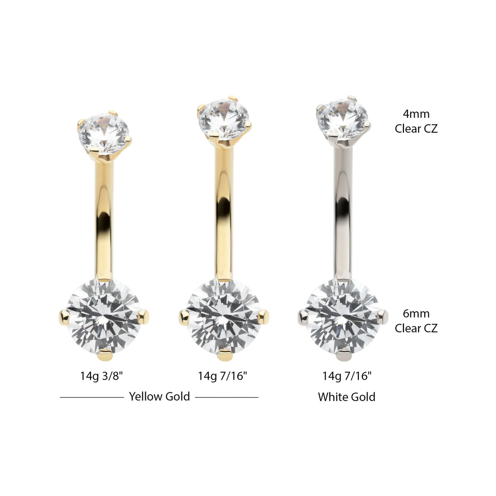 14Kt Gold Internally Threaded Double Round 4-Prong Clear CZ Non-Dangle Navel