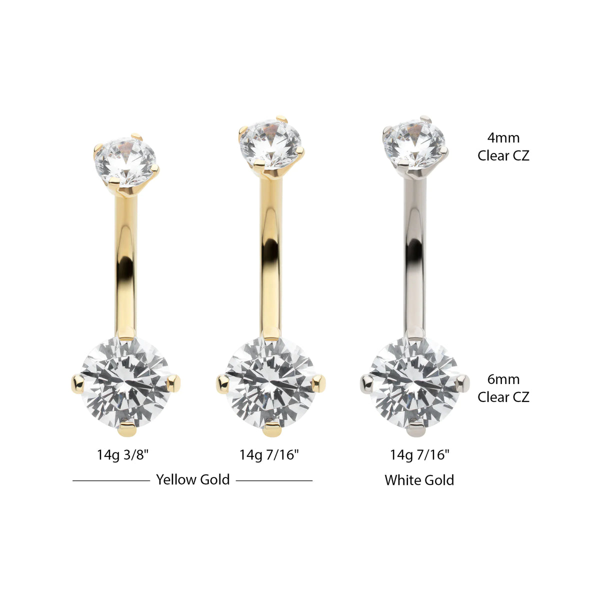 14Kt Gold Internally Threaded Double Round 4-Prong Clear CZ Non-Dangle Navel