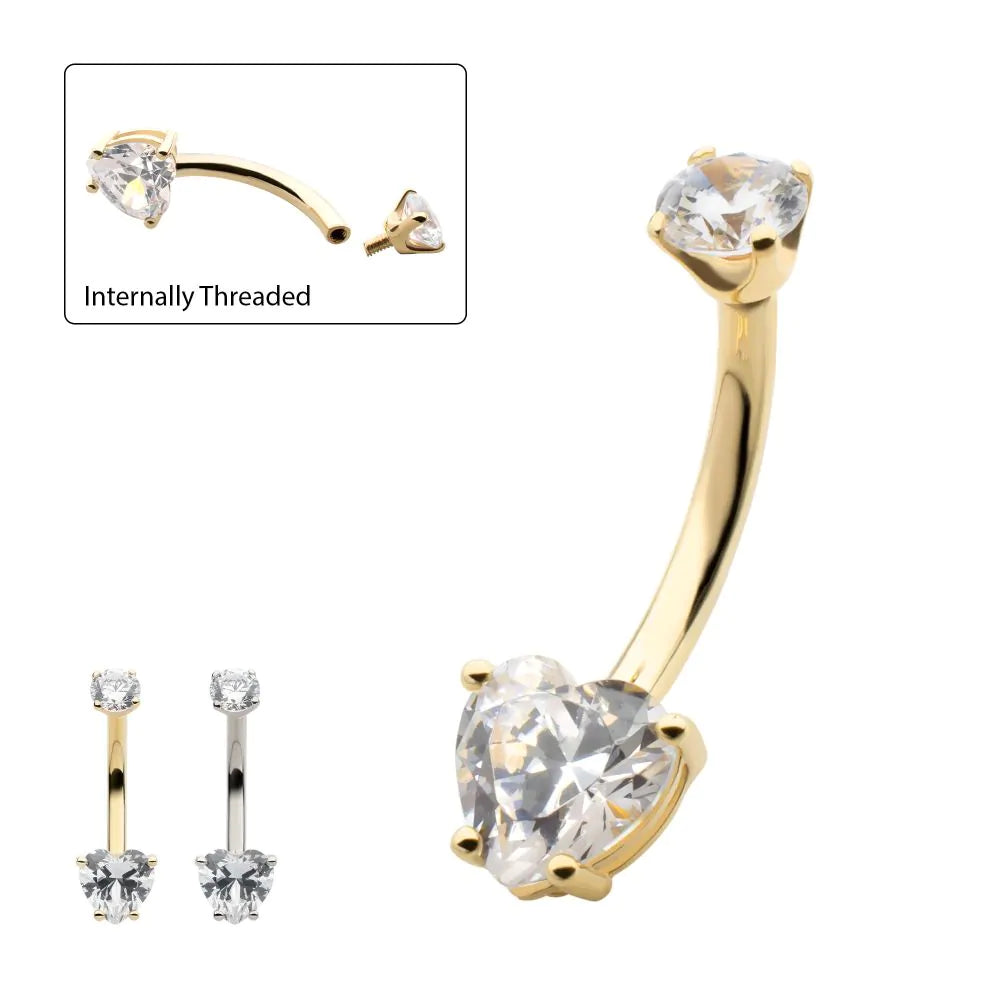14Kt Gold Internally Threaded 4-Prong Round & Heart Clear CZ Non-Dangle Navel