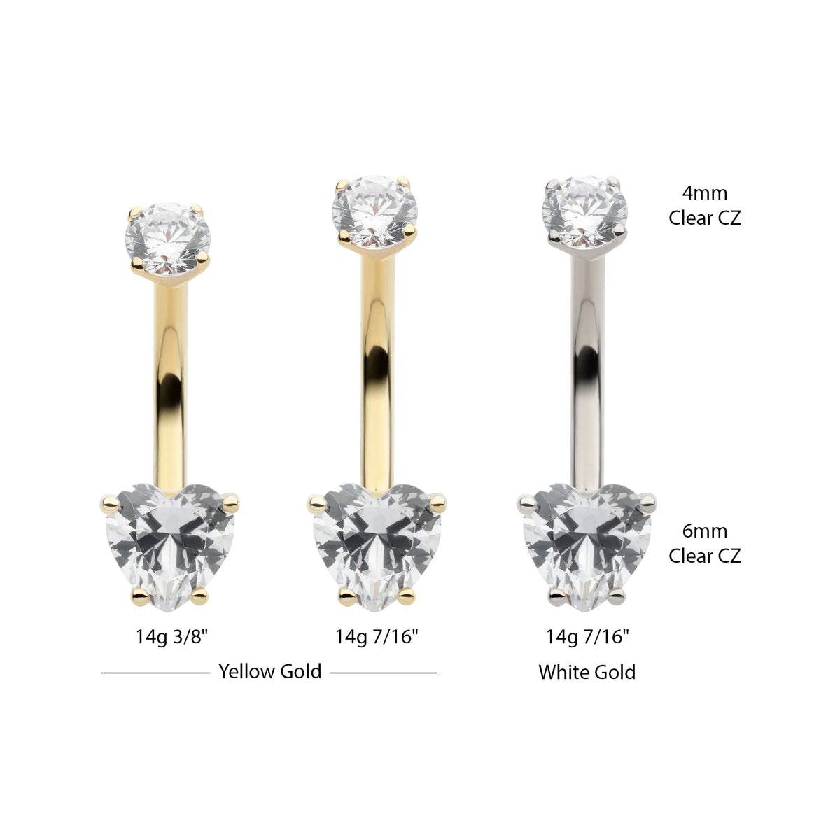 14Kt Gold Internally Threaded 4-Prong Round & Heart Clear CZ Non-Dangle Navel