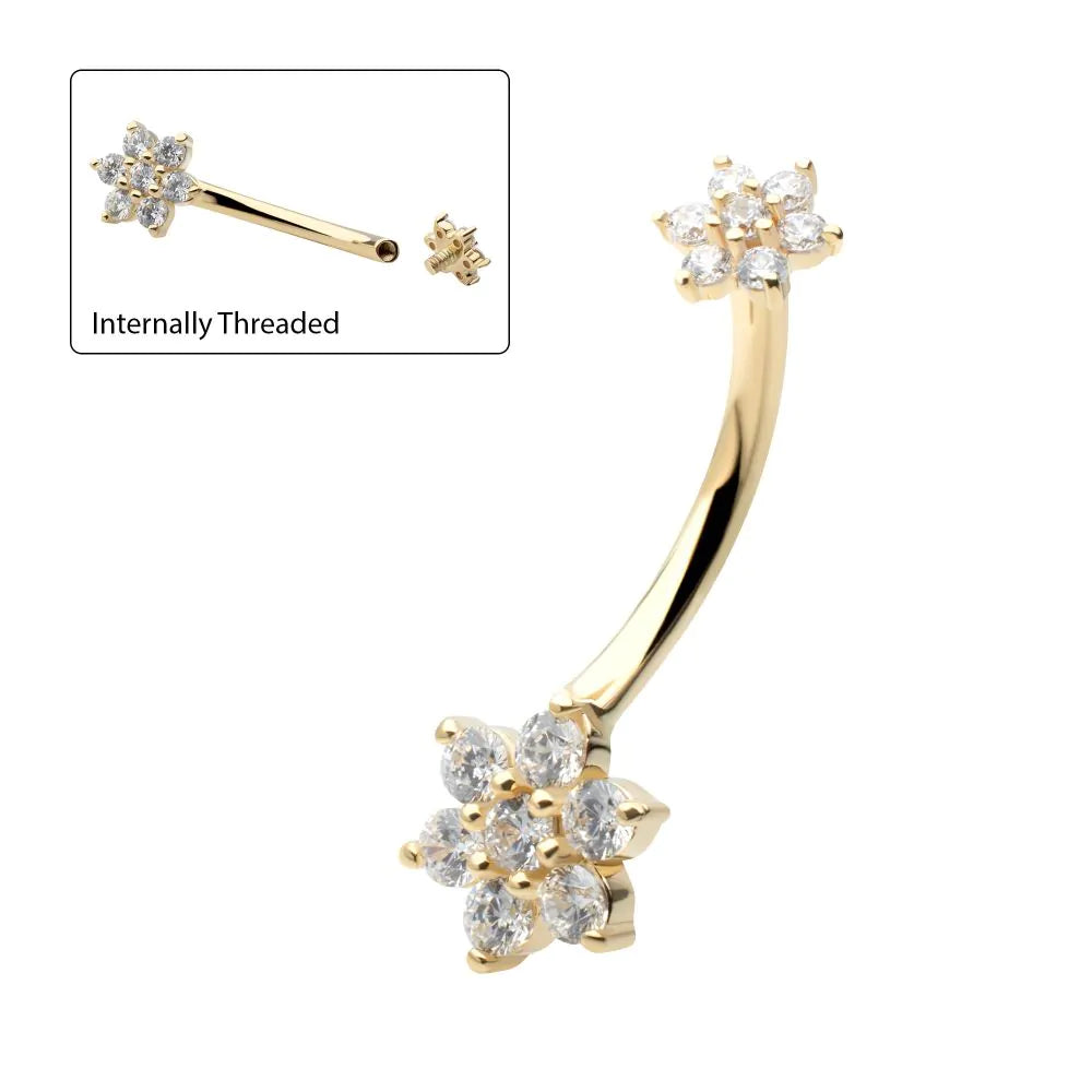14Kt Yellow Gold Internally Threaded Pronged Round Clear CZ Double Flower Shape Non-Dangle Navel