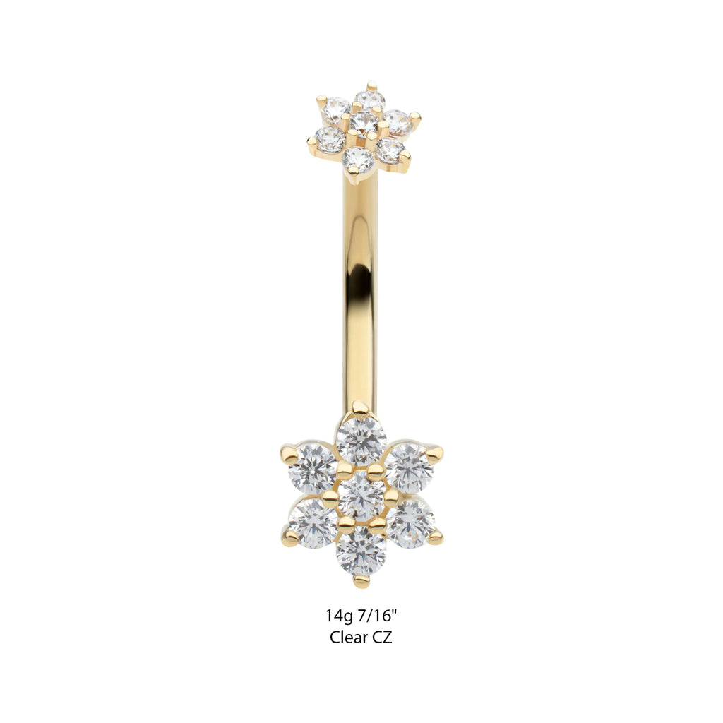 14Kt Yellow Gold Internally Threaded Pronged Round Clear CZ Double Flower Shape Non-Dangle Navel