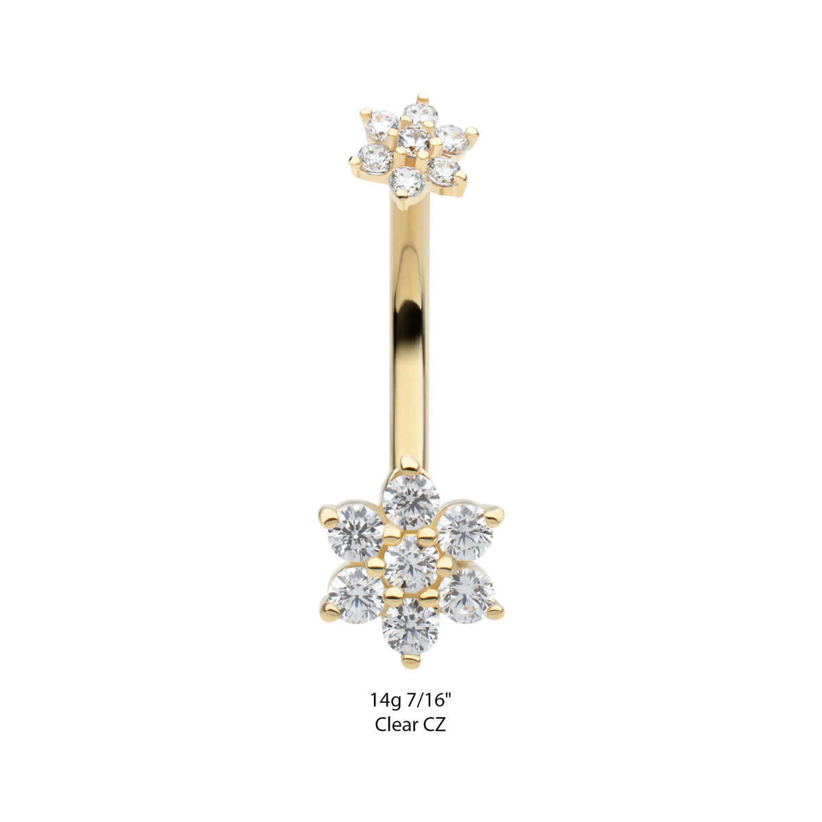 14Kt Yellow Gold Internally Threaded Pronged Round Clear CZ Double Flower Shape Non-Dangle Navel