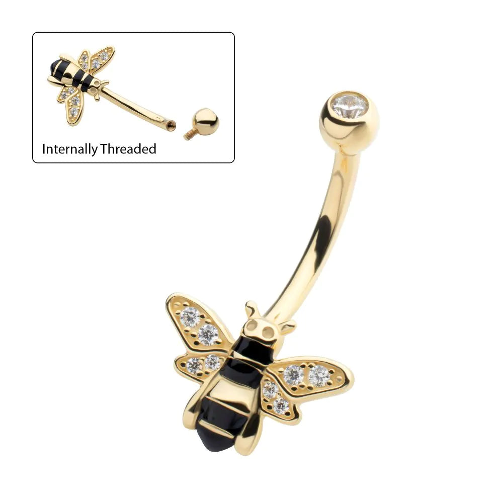 14Kt Yellow Gold Internally Threaded Pave Set Round Clear CZ Enamel Bee Non-Dangle Navel