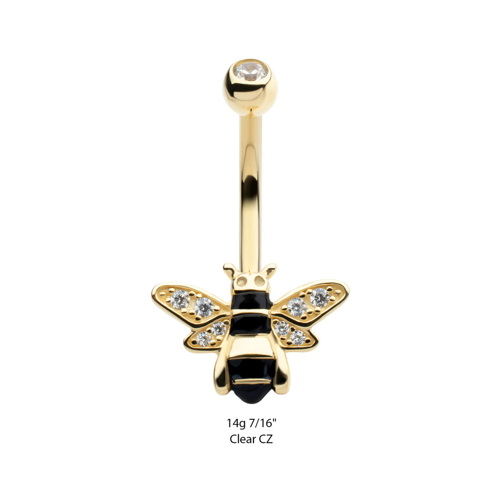 14Kt Yellow Gold Internally Threaded Pave Set Round Clear CZ Enamel Bee Non-Dangle Navel