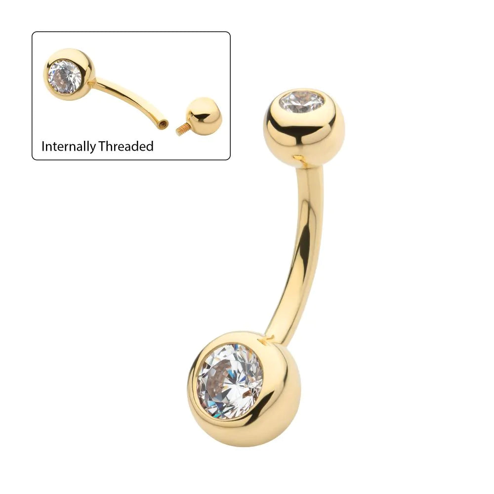 14Kt Yellow Gold Double Bezel Clear CZ Internally Threaded Top with Non-Dangle Navel