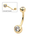 14Kt Yellow Gold Double Bezel Clear CZ Internally Threaded Top with Non-Dangle Navel